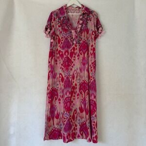 Soft Surroundings Womens Embroidered Tassel Ikat Print Shirt Dress Maxi Size PS